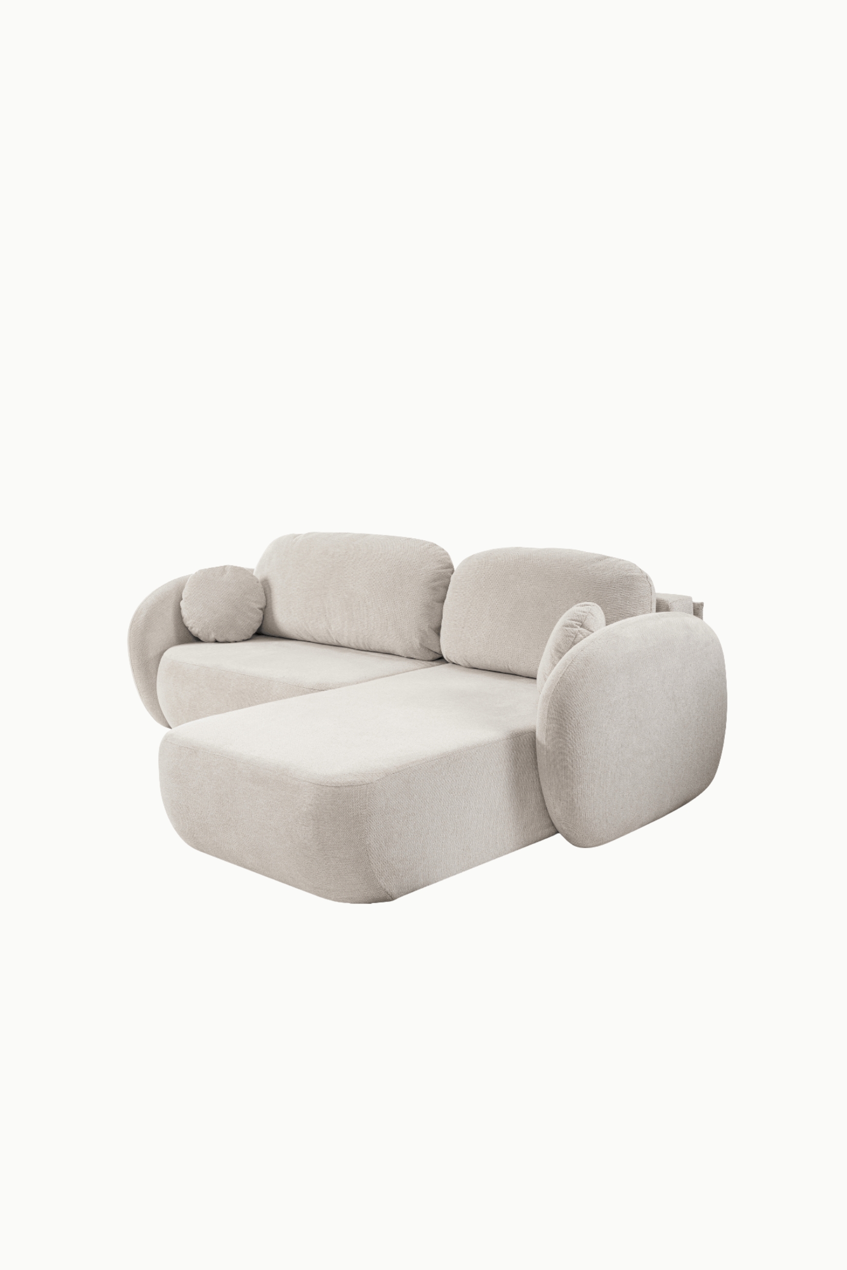 Canapé aulfa coffre et convertible en tissu chenille taupe, modèle d’angle avec assises corfortable et lignes arrondies