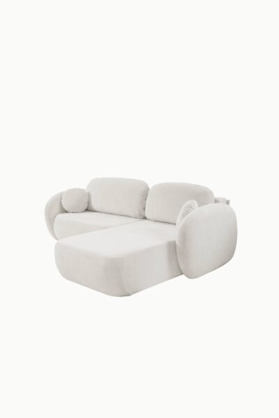 Canapé aulfa coffre et convertible en tissu chenille écru, modèle d’angle avec assises corfortable et lignes arrondies