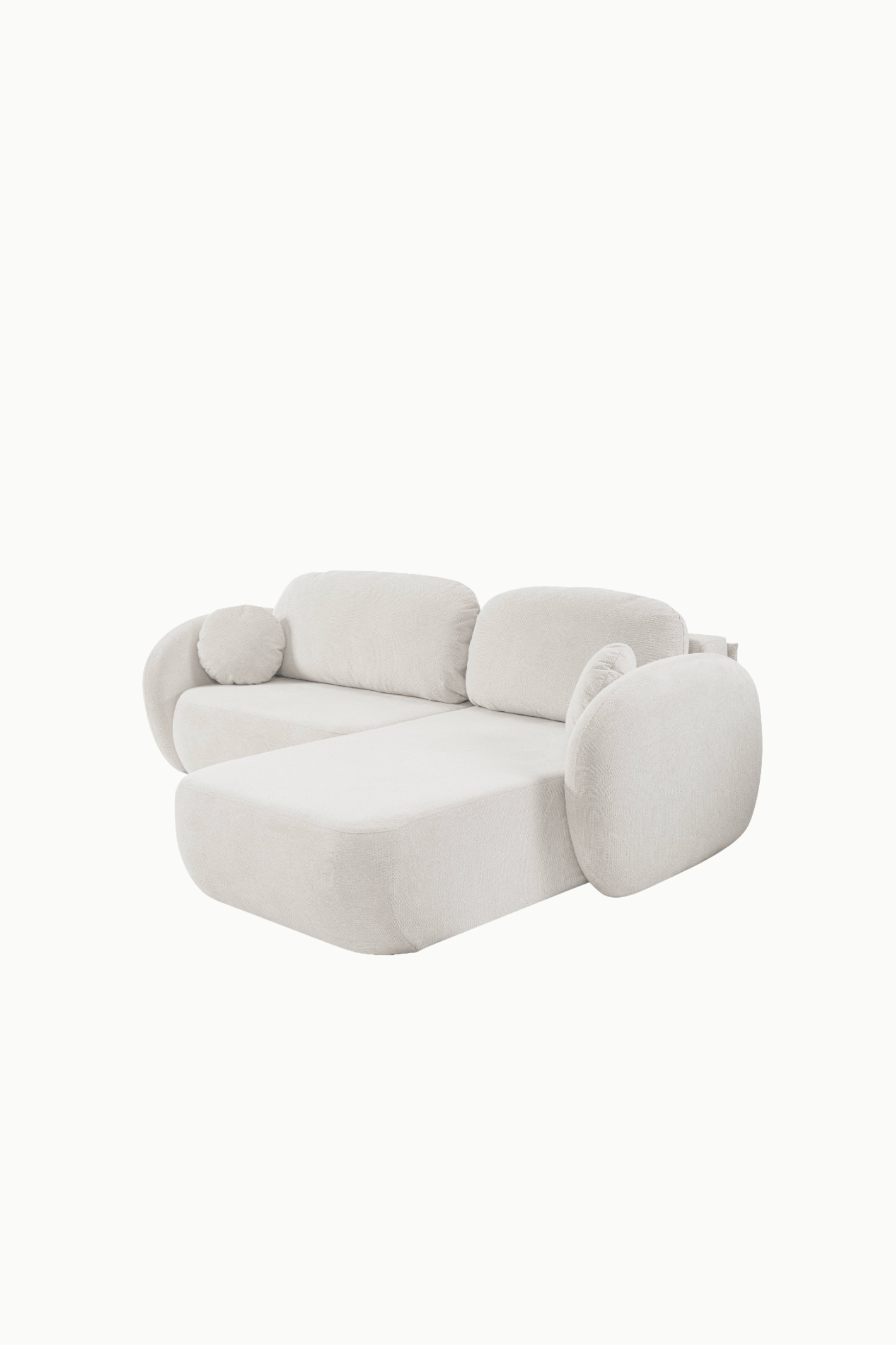 Canapé aulfa coffre et convertible en tissu chenille écru, modèle d’angle avec assises corfortable et lignes arrondies