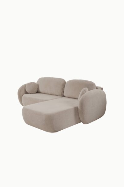 Canapé aulfa coffre et convertible en tissu chenille taupe, modèle d’angle avec assises corfortable et lignes arrondies