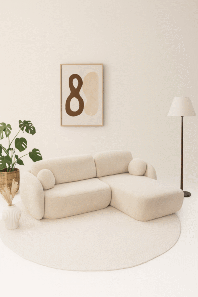 Canapé aulfa coffre et convertible en tissu chenille beige, modèle d’angle avec assises confortable et lignes arrondies