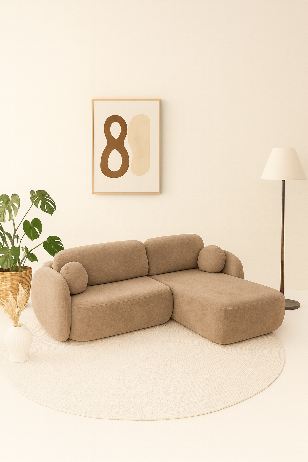 Canapé aulfa coffre et convertible en tissu chenille taupe, modèle d’angle avec assises confortable et lignes arrondies