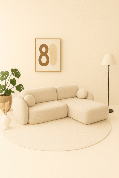 Canapé aulfa coffre et convertible en laine bouclée beige, modèle d’angle avec assises confortable et lignes arrondies