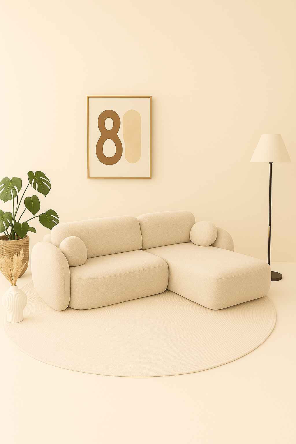 Canapé aulfa coffre et convertible en laine bouclée beige, modèle d’angle avec assises confortable et lignes arrondies