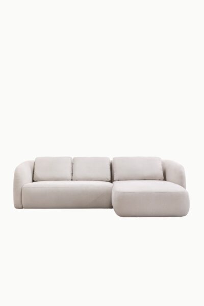 Canapé d’angle marina en tissu chenille écru, forme arrondie et assise confortable