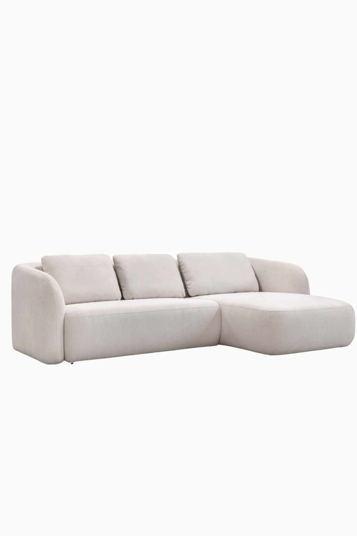 Canapé d’angle marina en tissu chenille écru, forme arrondie et assise confortable