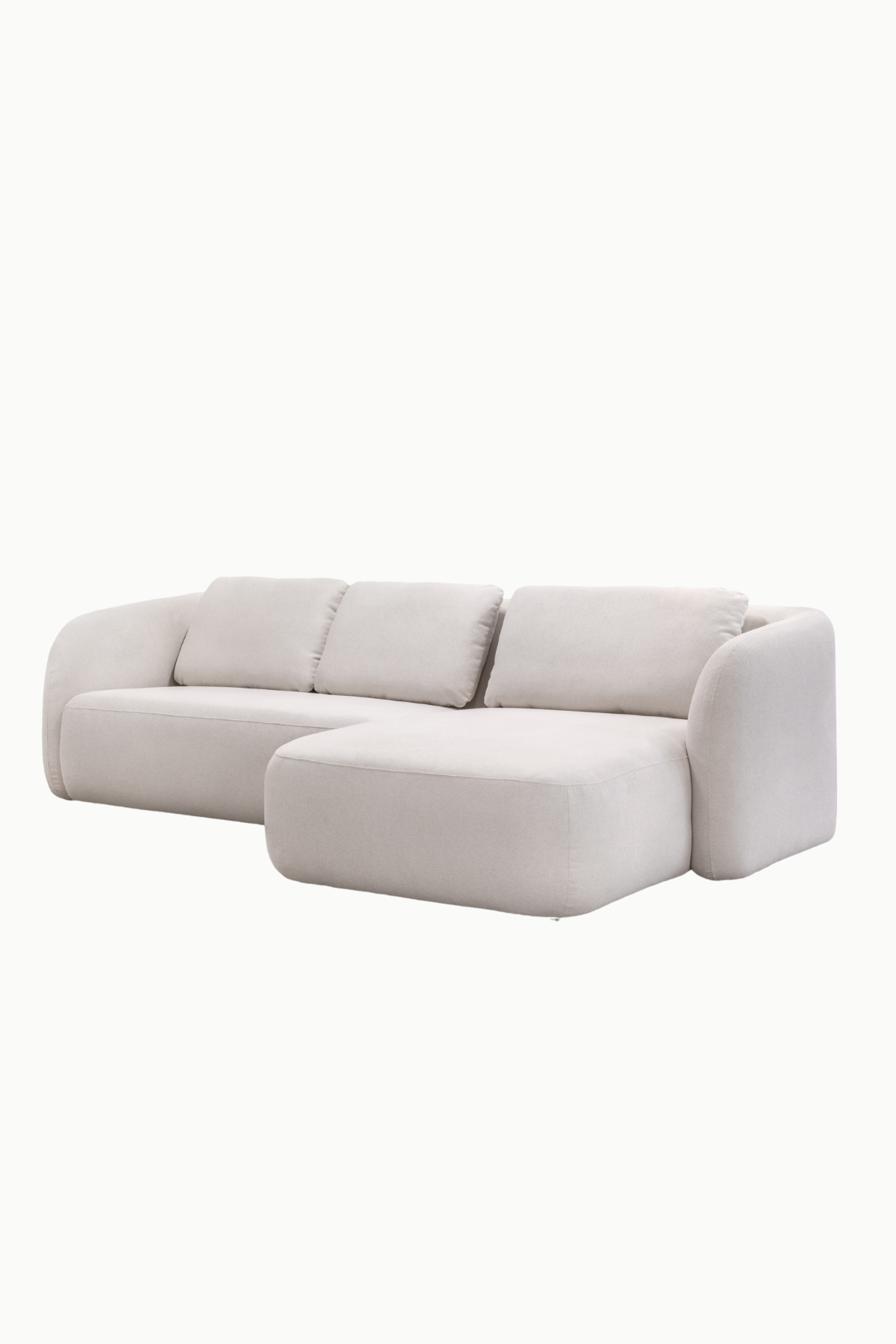 Canapé d’angle marina en tissu chenille écru, forme arrondie et assise confortable