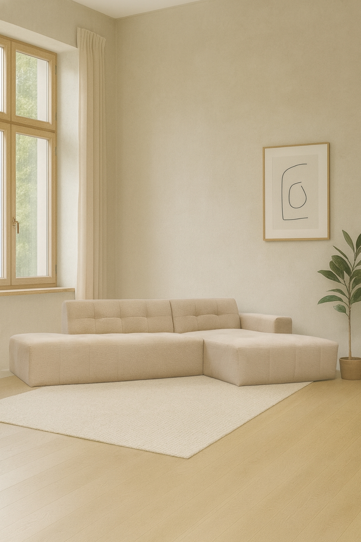 canapé d’angle Verona S en tissu chenille beige, avec assises capitonnées, dossier bas et méridienne, design moderne et épuré