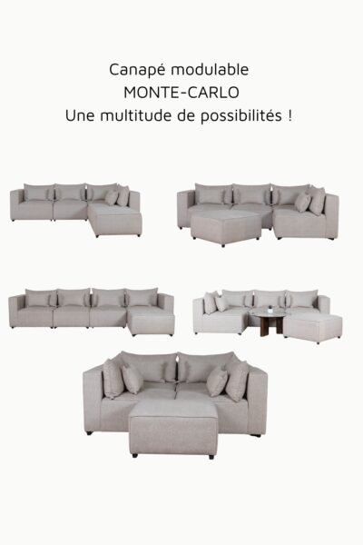 Canapé d'angle modulable en tissu chenille beige, composé de plusieurs modules avec coussins assortis"