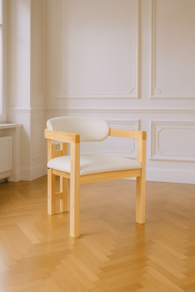 Chaise Bergamo en bois d’hévéa avec velours beige et pieds couleurs bois clair nature