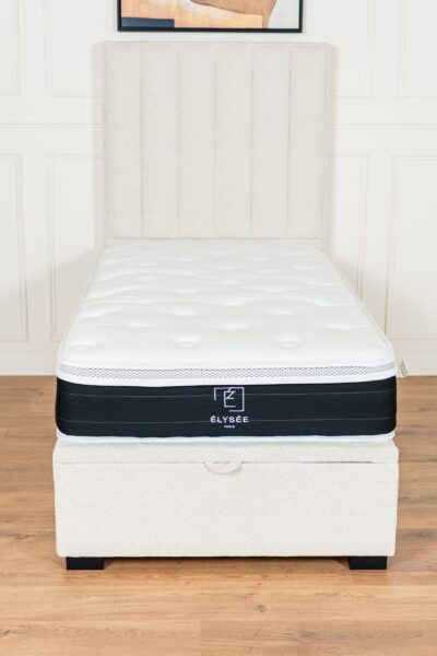 Lit coffre Prada 1 place, tissu chenille écru, fabrication européenne.