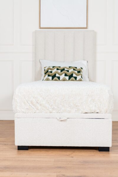 Lit coffre Prada 1 place, tissu chenille écru, fabrication européenne.