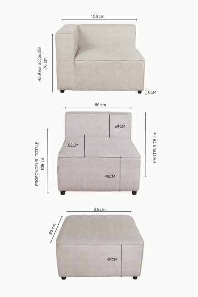MONTECARLO MODULABLE (5) Canapé d'angle modulable en tissu chenille beige, composé de plusieurs modules avec coussins assortis"