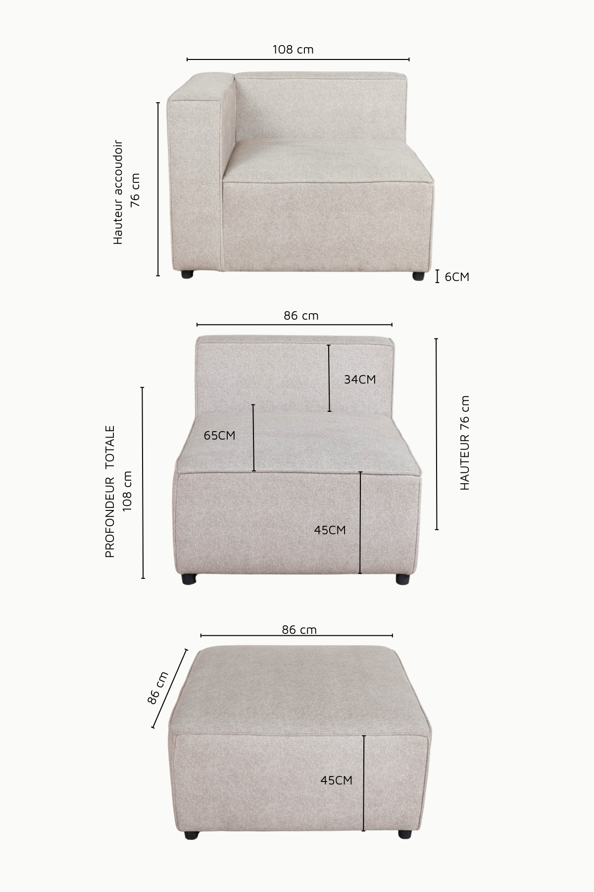 MONTECARLO MODULABLE (5) Canapé d'angle modulable en tissu chenille beige, composé de plusieurs modules avec coussins assortis"