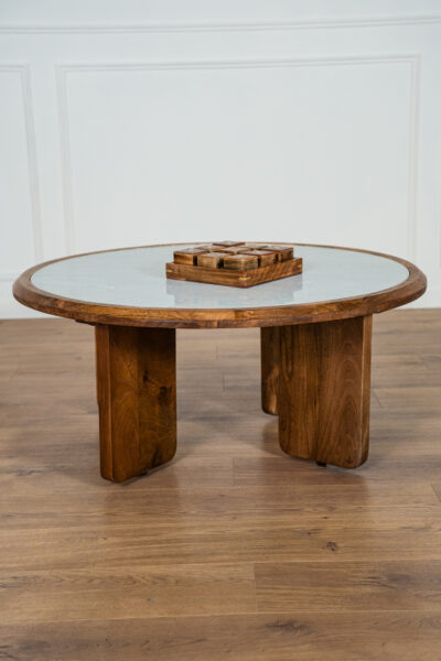 Table basse Mira ronde 100 cm en marbre blanc et bois de manguier marron