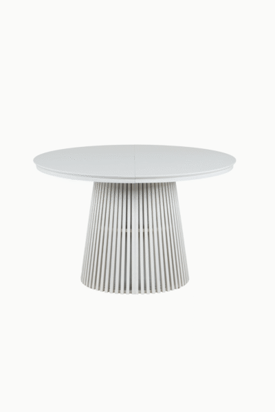 Table extensible Anna en bois MDF crème avec piétement conique nervuré, ronde 120 cm extensible à 160 et 200 cm, disponible en crème ou marron, design moderne et fonctionnel Maison des Meubles