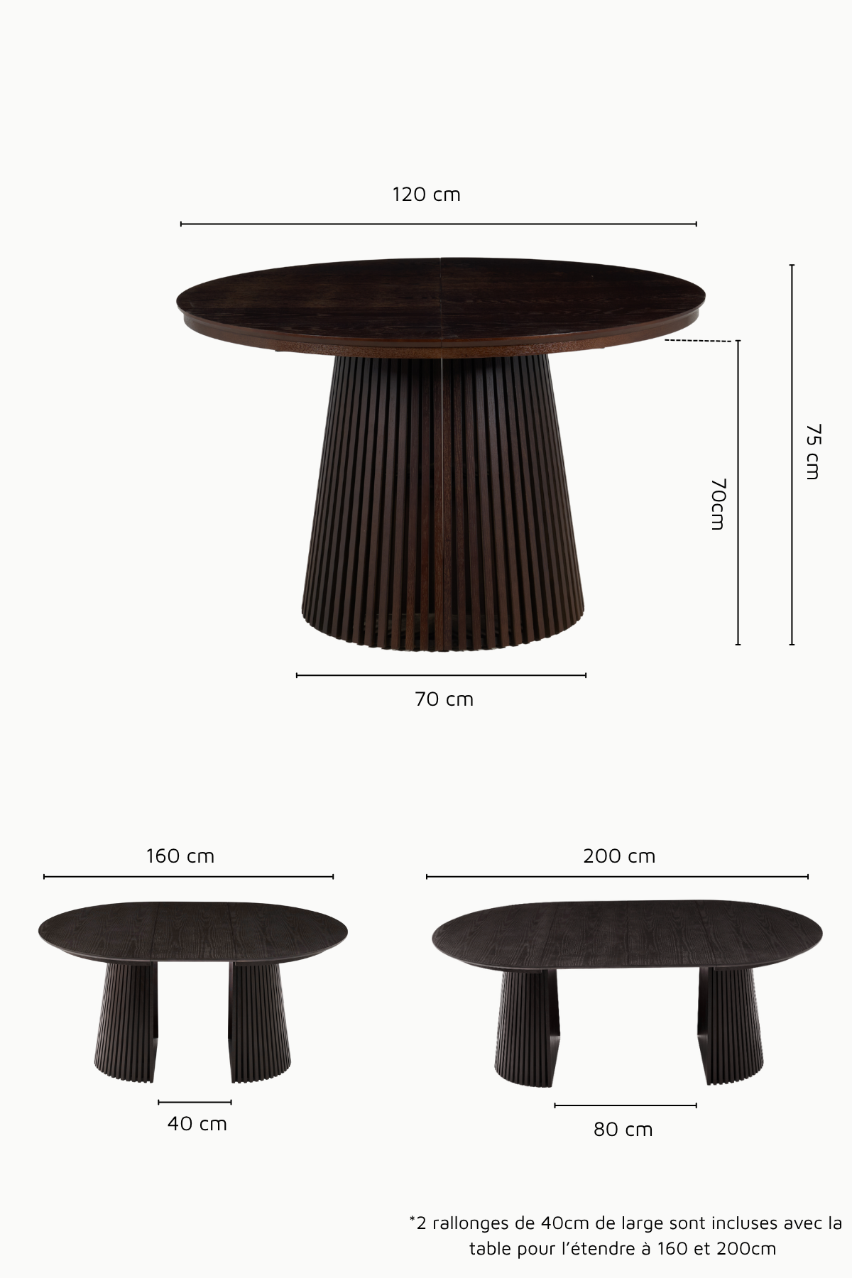 Dimensions Table extensible Anna en bois MDF avec piétement conique nervuré