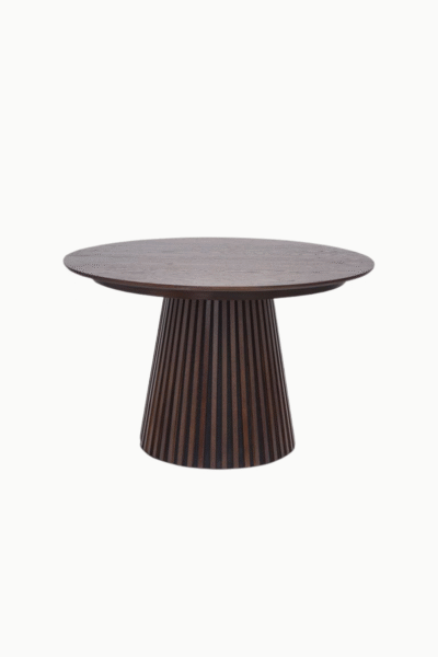 Table extensible Anna en bois MDF marron avec piétement conique nervuré, ronde 120 cm extensible à 160 et 200 cm, disponible en crème ou marron, design moderne et fonctionnel Maison des Meubles