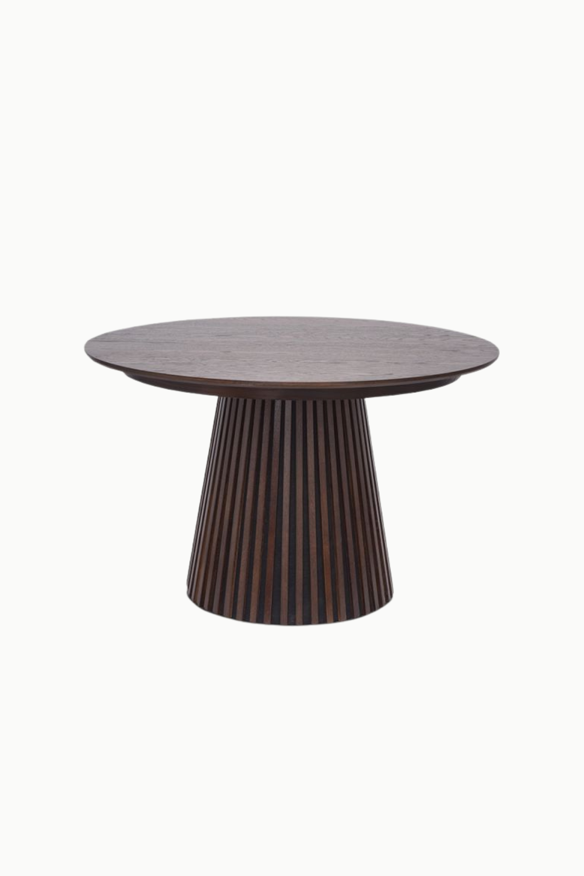Table extensible Anna en bois MDF marron avec piétement conique nervuré, ronde 120 cm extensible à 160 et 200 cm, disponible en crème ou marron, design moderne et fonctionnel Maison des Meubles