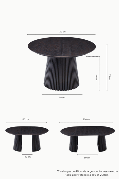 Dimensions Table extensible Anna en bois MDF avec piétement conique nervuré