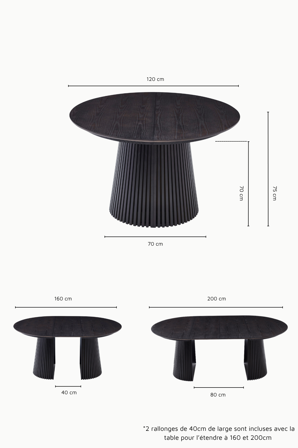 Dimensions Table extensible Anna en bois MDF avec piétement conique nervuré