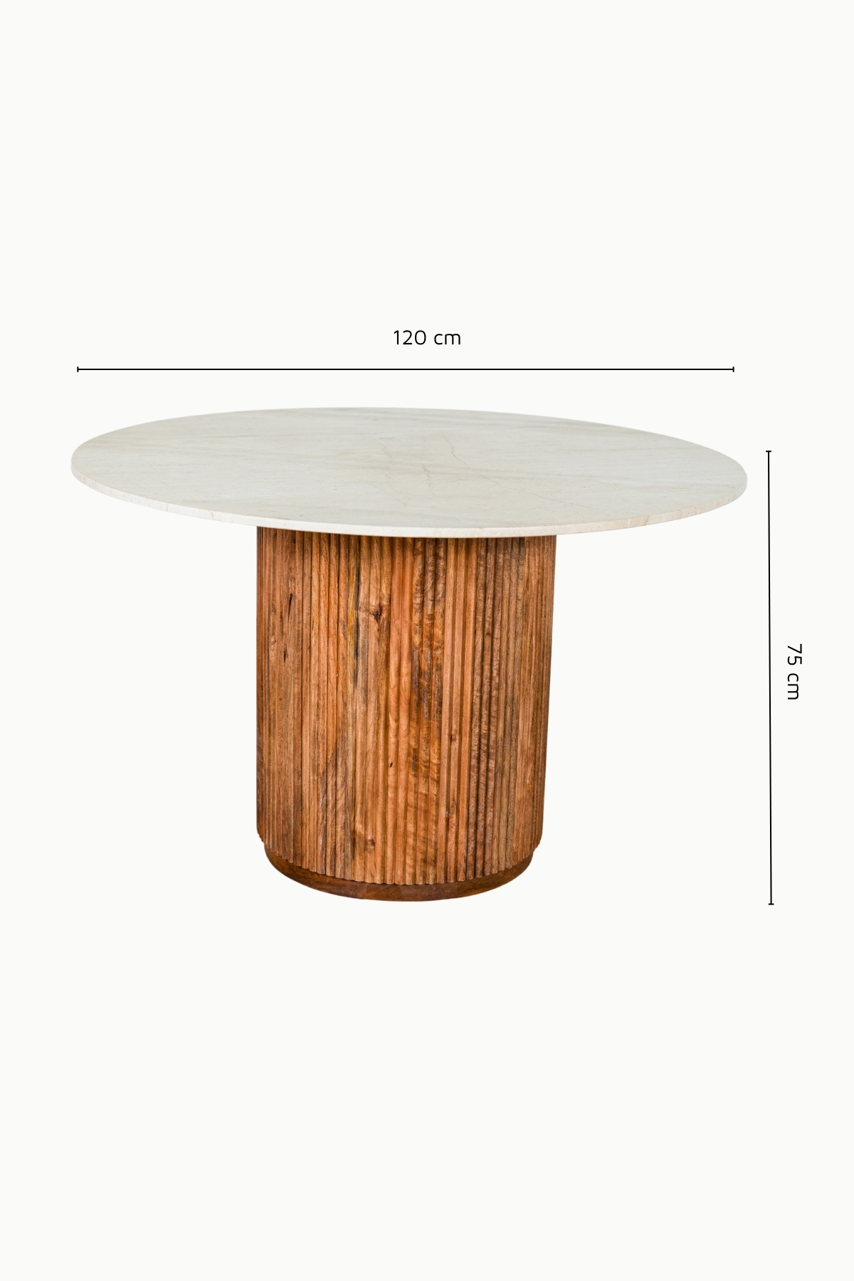 Table à manger MILA ronde 120 cm en travertin avec pied en bois de manguier rainuré