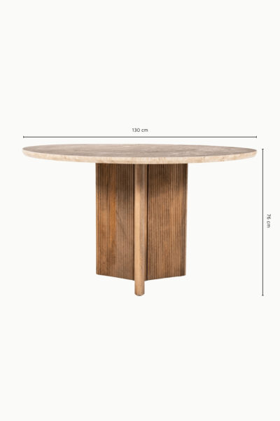 Table à manger Sarah pieds en bois de manguier et plateau en travertin beige