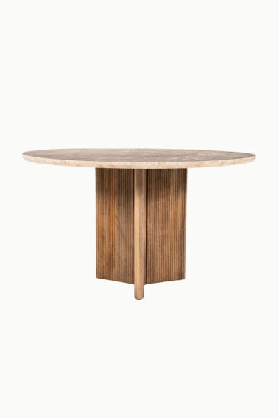 Table à manger Sarah pieds en bois de manguier et plateau en travertin beige