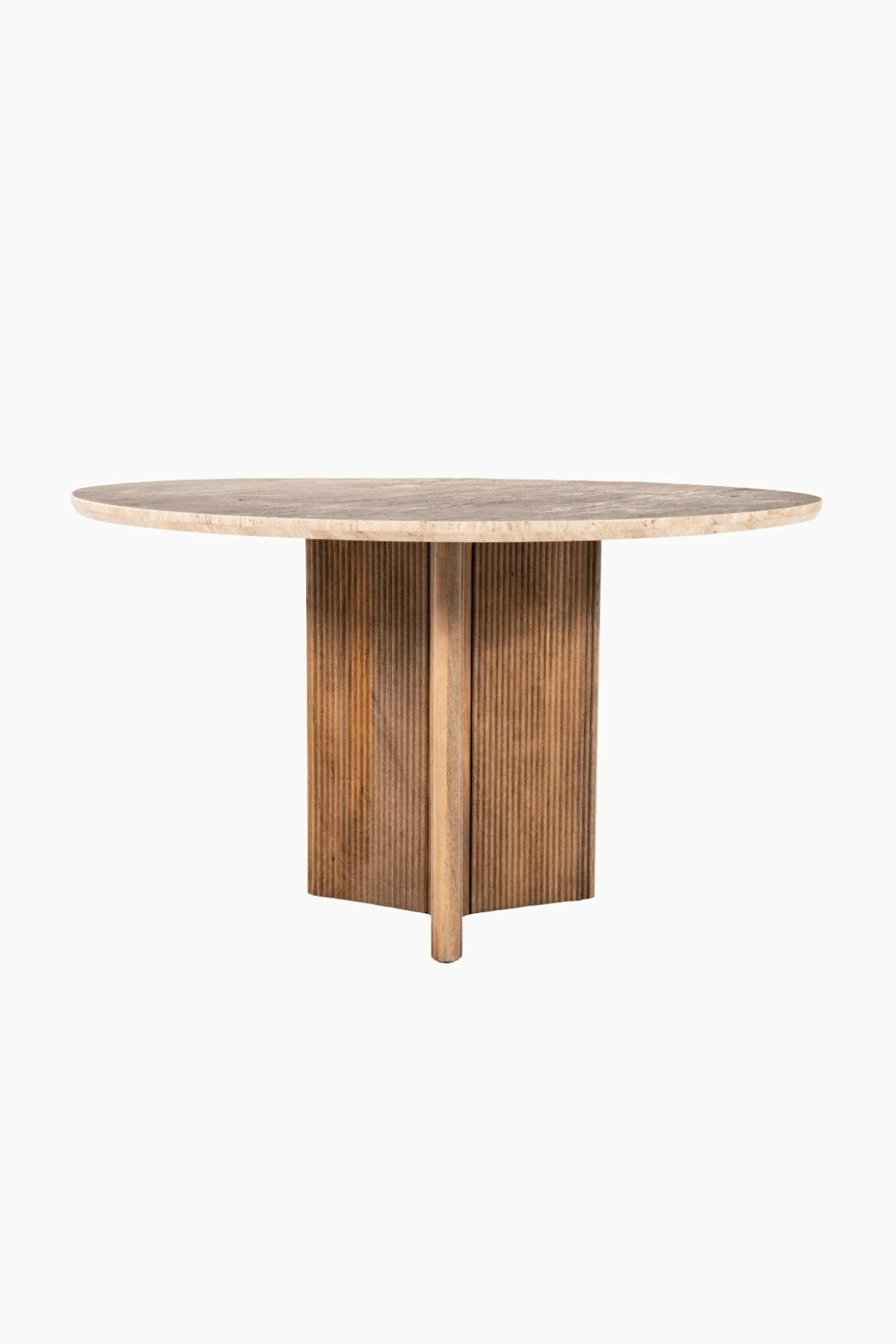 Table à manger Sarah pieds en bois de manguier et plateau en travertin beige