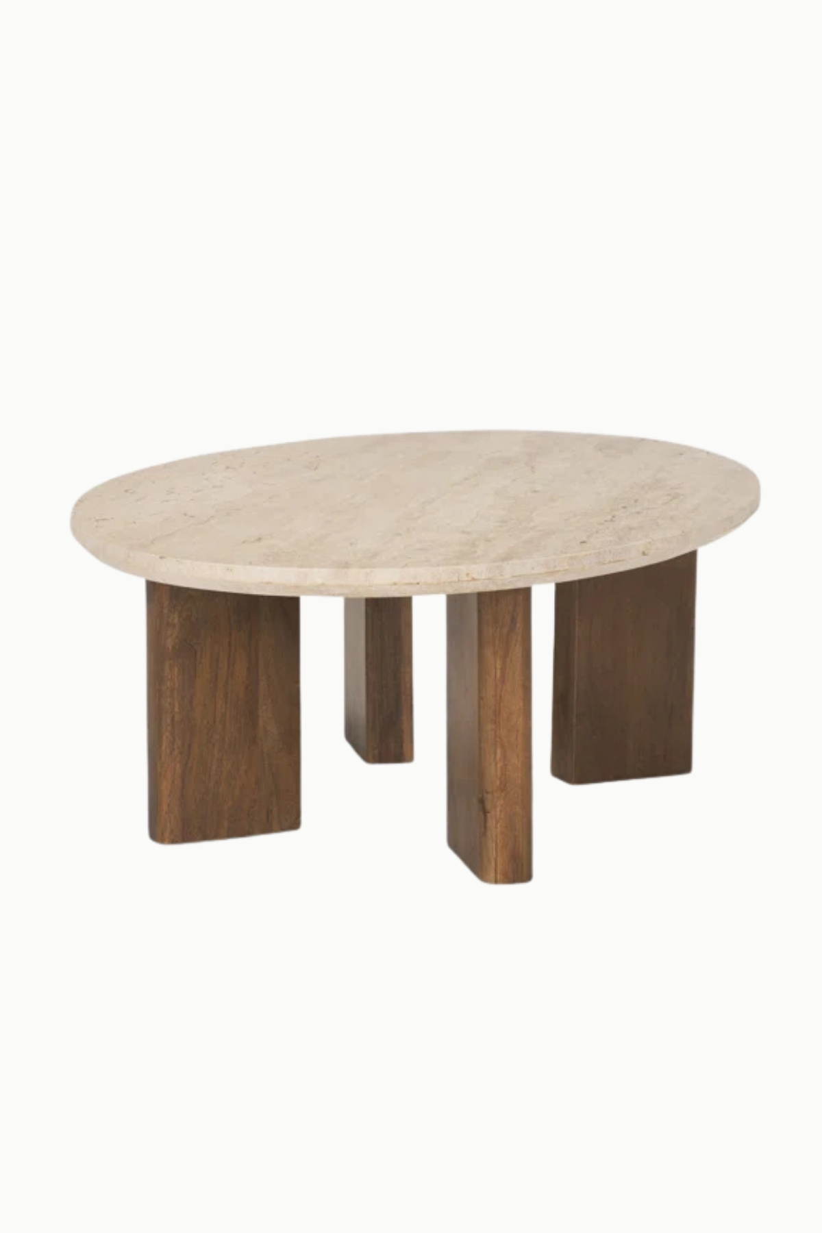 Table basse Lia ovale en travertin avec pieds en bois de manguier marron