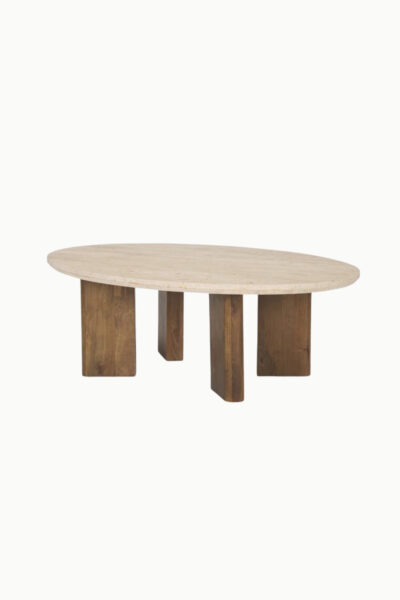 Table basse Lia ovale en travertin avec pieds en bois de manguier marron
