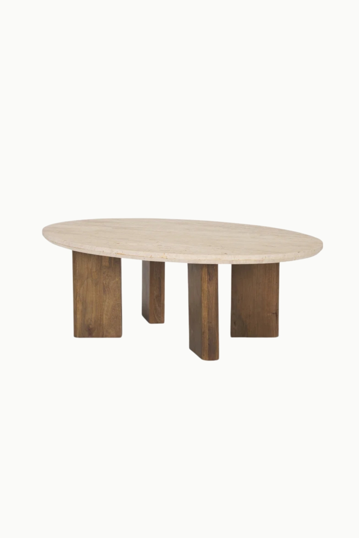 Table basse Lia ovale en travertin avec pieds en bois de manguier marron