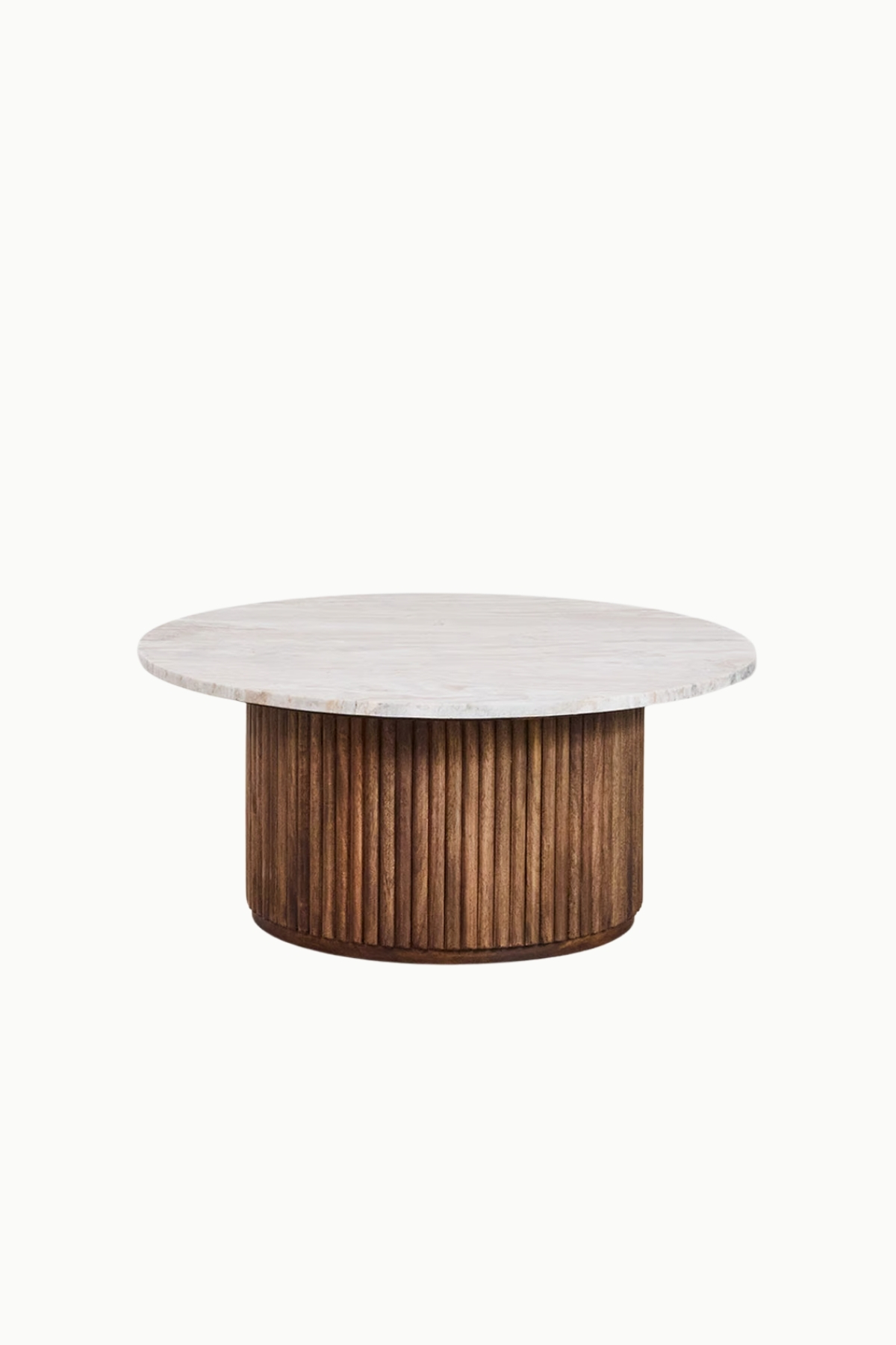 Table basse Mila en bois massif et travertin, forme ronde 90 cm, style naturel élégant