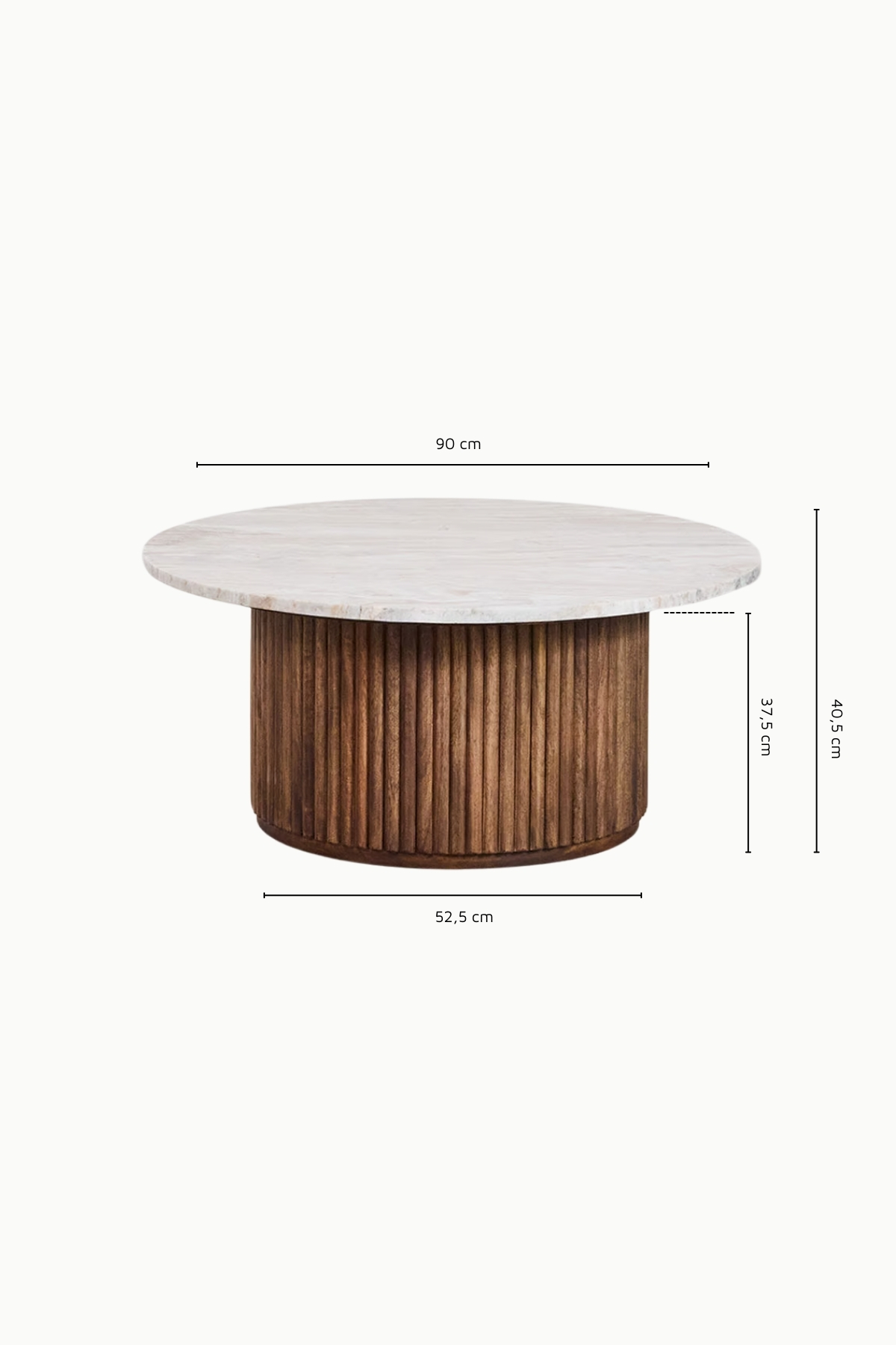 Dimensions table basse Mila en bois massif et travertin, forme ronde 90 cm, style naturel élégant