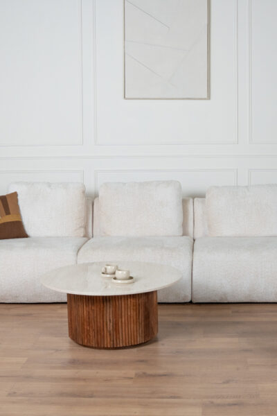 Table basse Mila en bois massif et travertin, forme ronde 90 cm, style naturel élégant