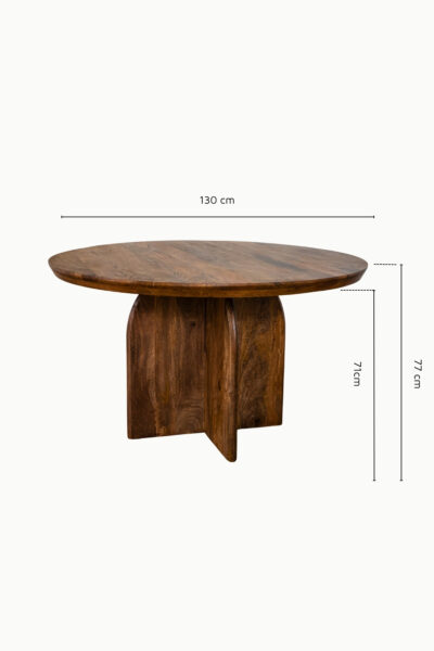 Table à manger Emilia ronde 130 cm en bois d’acacia avec pied sculptural