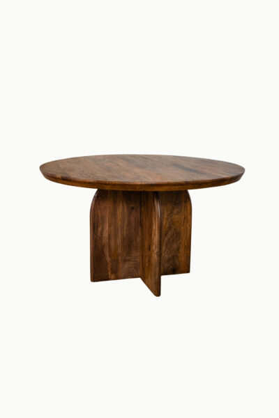 Table à manger Emilia ronde 130 cm en bois d’acacia avec pied sculptural