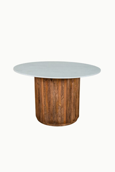 Table à manger Mila en bois massif et travertin, forme ronde 120 cm, style naturel élégant.