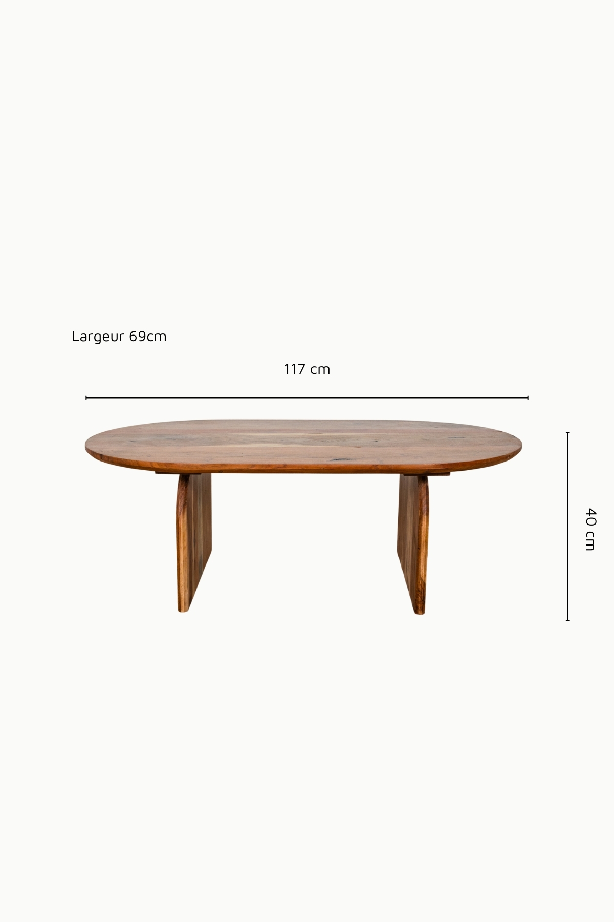 Dimensions table basse Emilia en acacia avec pieds en arche – Design contemporain et japandi