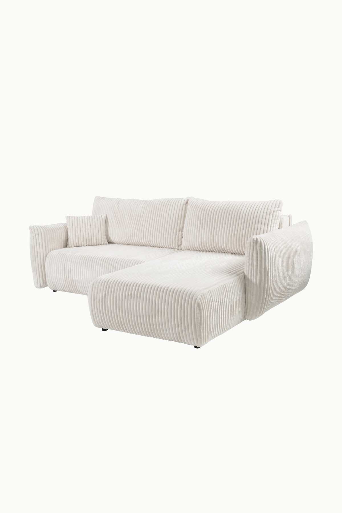 Canapé d’angle Allia convertible avec coffre de rangement, revêtement velours côtelé écru.