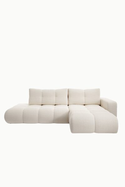 canapé bubble coffre convertible en tissu chenille beige, configuration angle droit avec assise capitonnée et lignes arrondies