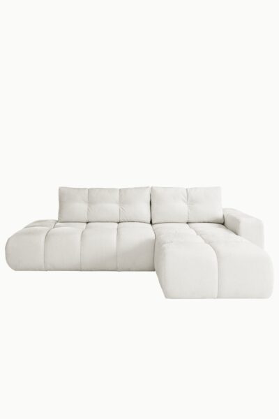 canapé bubble coffre et convertible en tissu chenille écru, modèle angle droit au design arrondi et assise arrondie