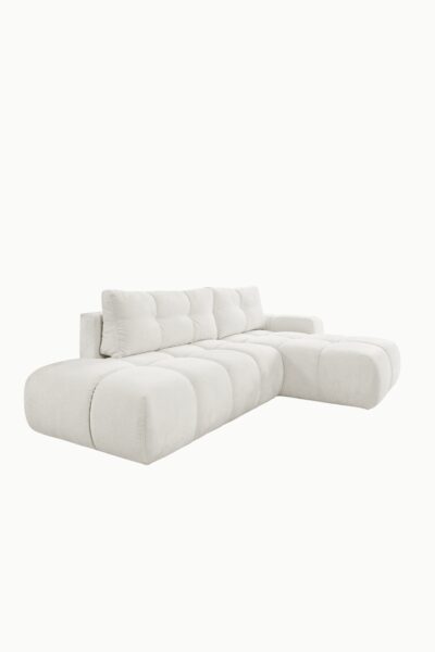 canapé bubble coffre et convertible en tissu chenille écru, modèle angle droit au design arrondi et assise arrondie
