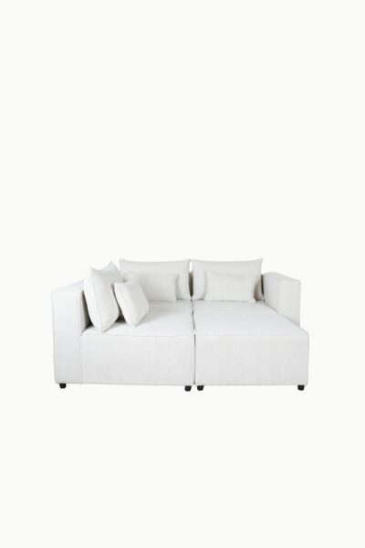 canapé_modulable_monte_carlo_tissus_chenille_écru (1) Canapé modulable en tissu chenille écru, composé de plusieurs modules avec coussins assortis"