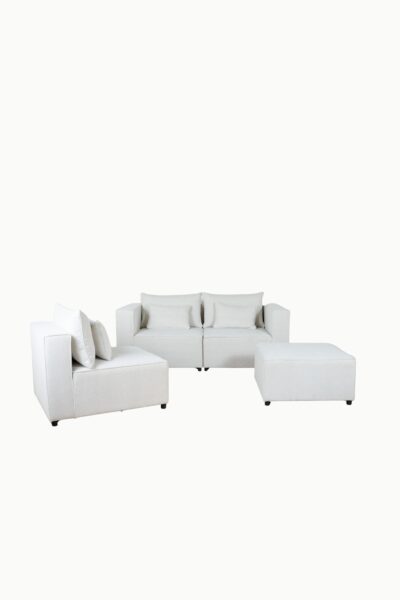 canapé_modulable_monte_carlo_tissus_chenille_écru (2) Canapé modulable en tissu chenille écru, composé de plusieurs modules avec coussins assortis"