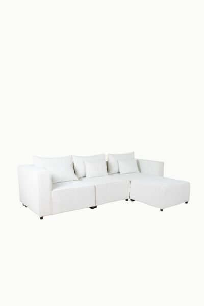 canapé_modulable_monte_carlo_tissus_chenille_écru (3) Canapé modulable en tissu chenille écru, composé de plusieurs modules avec coussins assortis"