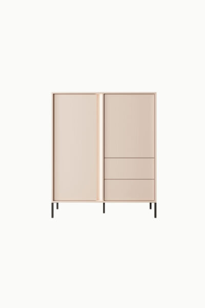 Buffet Darius en bois beige avec deux portes et deux tiroirs, design moderne sur pieds noirs