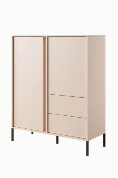 Buffet Darius en bois beige avec deux portes et deux tiroirs, design moderne sur pieds noirs