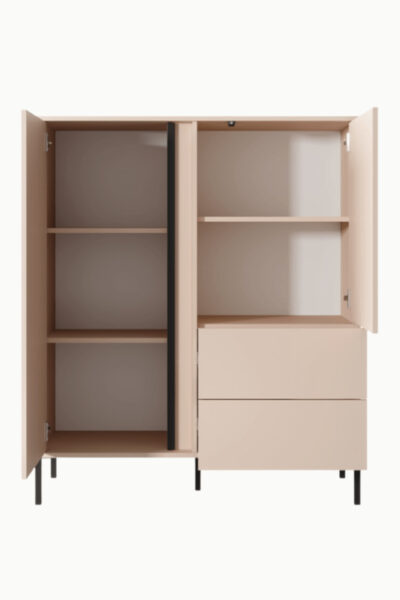 Buffet Darius en bois beige avec deux portes et deux tiroirs, design moderne sur pieds noirs