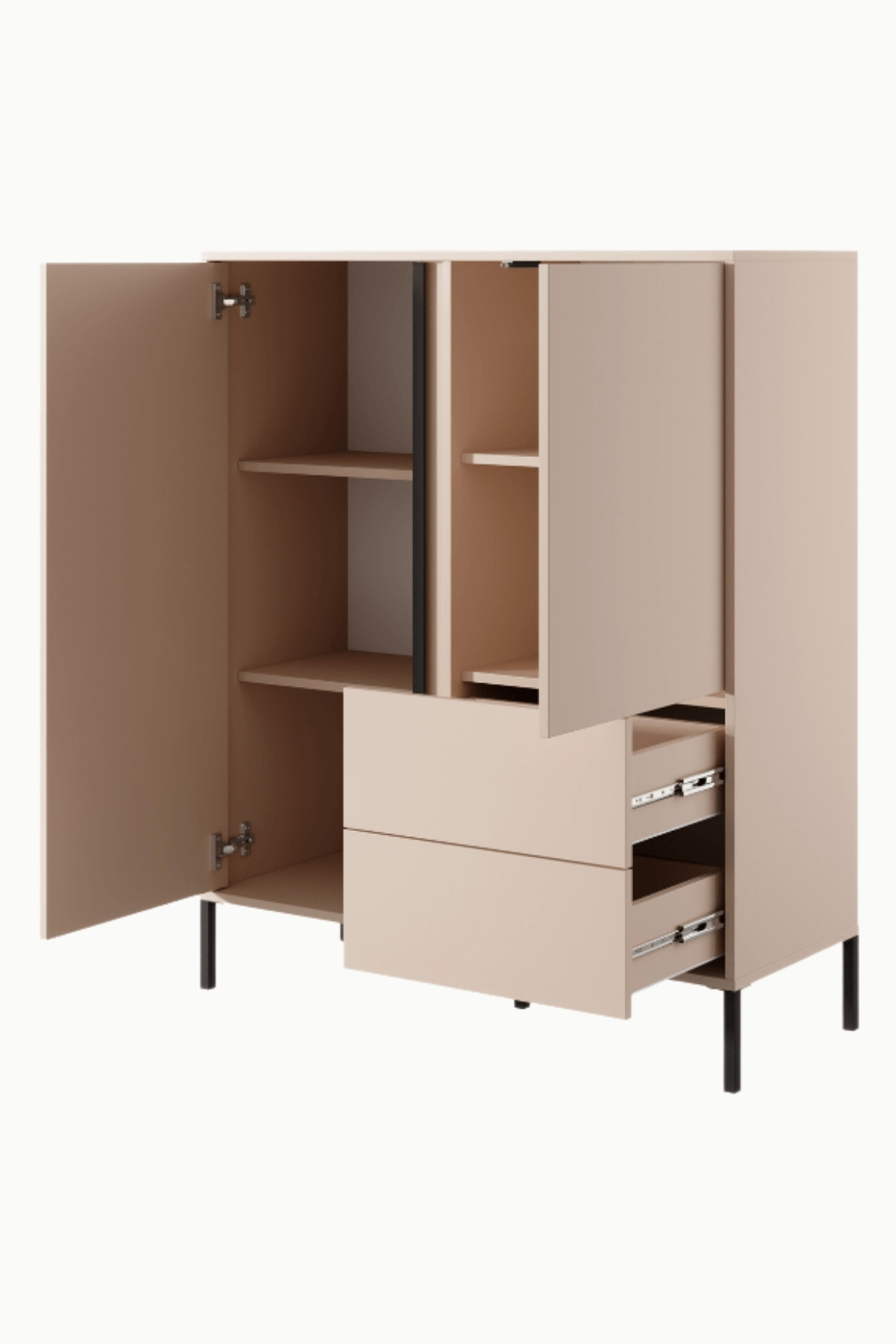 Buffet Darius en bois beige avec deux portes et deux tiroirs, design moderne sur pieds noirs